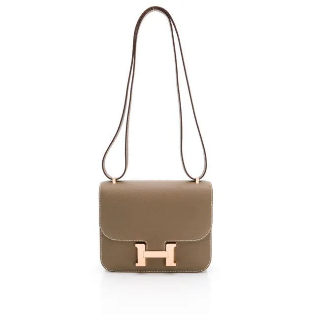 【Hermes 愛馬仕】Mini Constance 牛皮翻蓋斜背包/康康包(大象灰/玫瑰金)