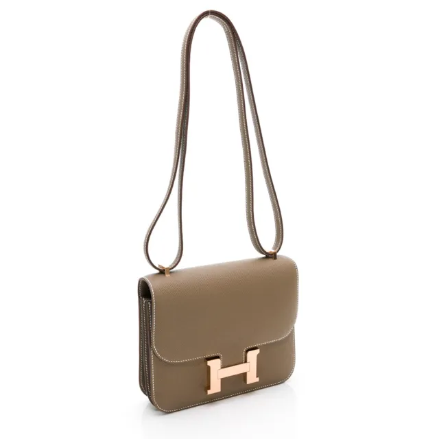 【Hermes 愛馬仕】Mini Constance 牛皮翻蓋斜背包/康康包(大象灰/玫瑰金)