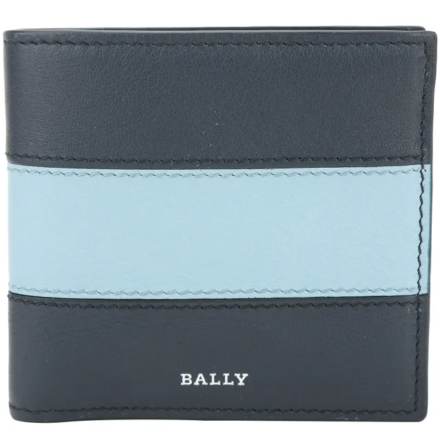 【BALLY】Brasai 撞色橫條紋牛皮對折8卡短夾-深藍色(錢包 皮夾)