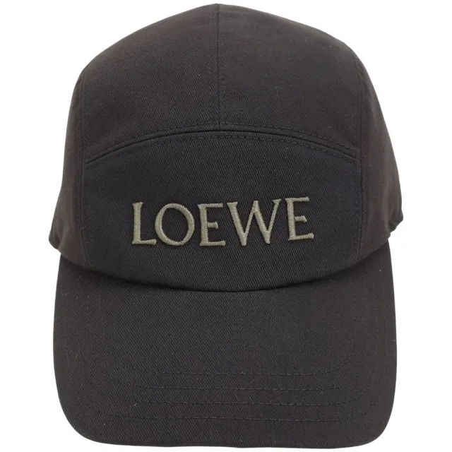 【LOEWE 羅威】Camp 字母刺繡皮革標棉質拼接感棒球帽 鴨舌帽-黑色
