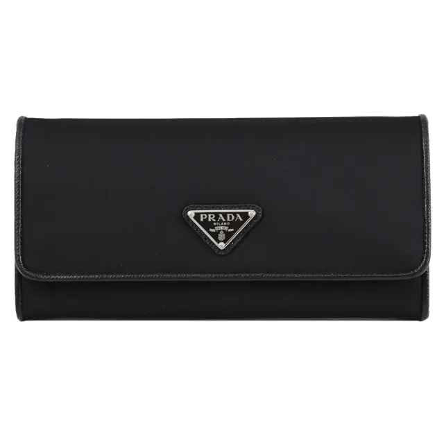 【PRADA 普拉達】經典三角LOGO尼龍皮飾寬版扣式發財零錢長夾(黑)