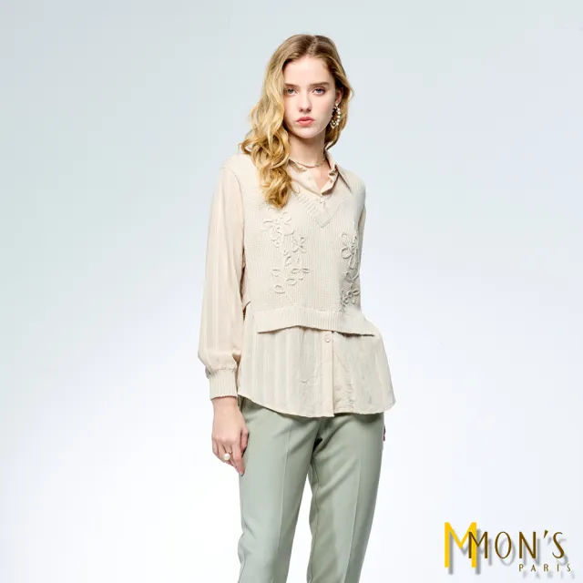【MON’S】襯衫領直條造型針織上衣(直)