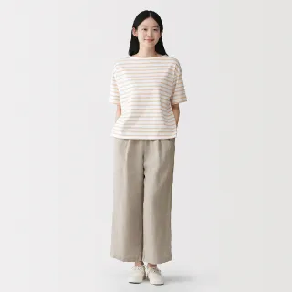 【MUJI 無印良品】女亞麻水洗舒適寬版褲(墨灰/黑色/原色/煙燻綠/煙燻藍/柔白直紋/灰直紋)