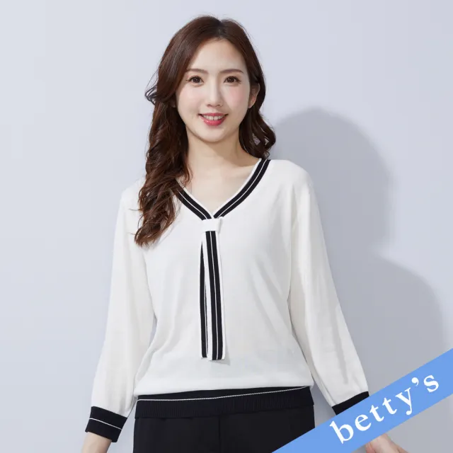 【betty’s 貝蒂思】撞色領口V領綁帶針織衫(白色)