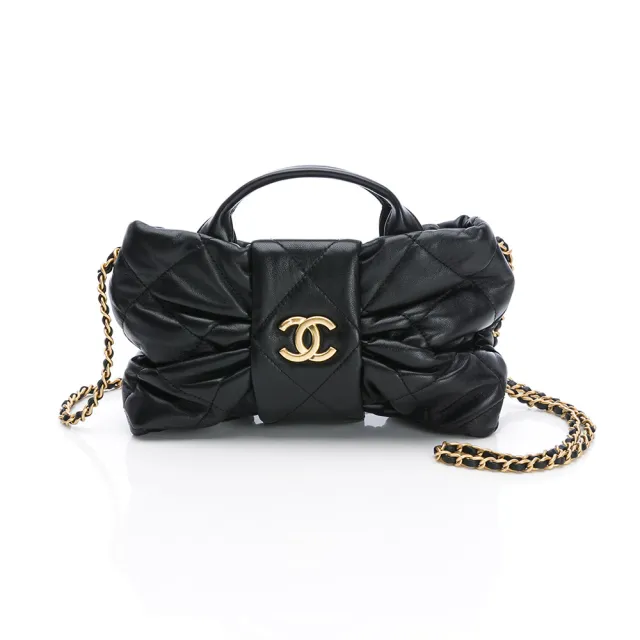 【CHANEL 香奈兒】25K 迷你 蝴蝶結包(黑/金-亮面小羊皮/金黑雙色鏈帶)『entrupy安心購』