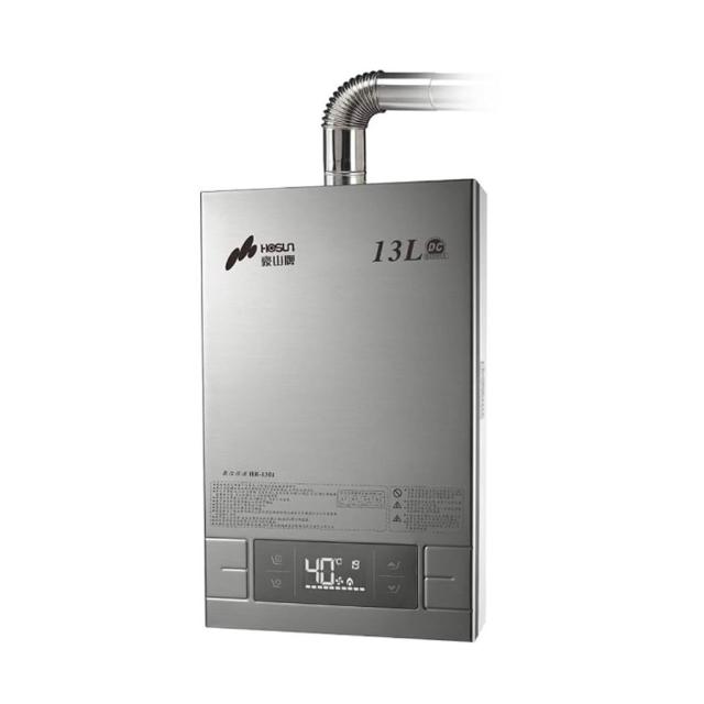 HOSUN豪山牌 HR-1301 HOSUN豪山牌 HR-1301 瓦斯熱水器,臺灣製造,13L熱水放出量,數位恆溫控溫功能,FE強制排氣式確保安全,電子式連續點火,熱效率83%,能源效率第二級。尺寸570×360×160mm,重量10.5kg,冷熱水管口徑1/2,電壓110V,BSMI許可R51155,全機保固1年。適閤家庭使用,提供穩定熱水供應,高效節能環保。