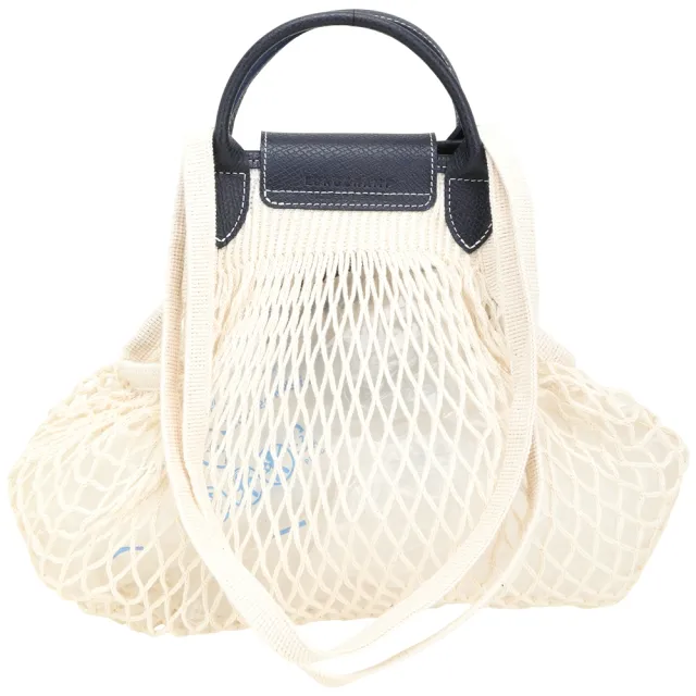 【LONGCHAMP】Le pliage Collection 皮革前袋棉線編織手提 肩背漁網包-L深藍