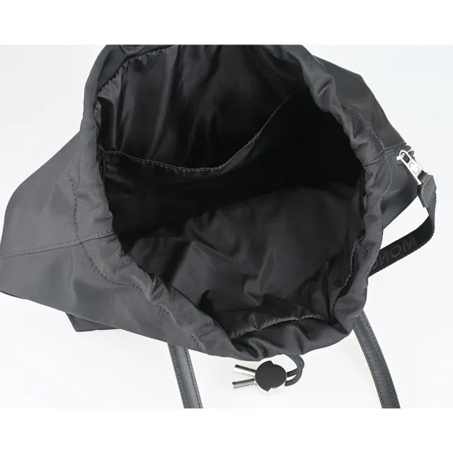 【MONCLER】MONCLER New Trick皮標鋼印LOGO尼龍壓釦抽繩手提/肩背托特包(黑)