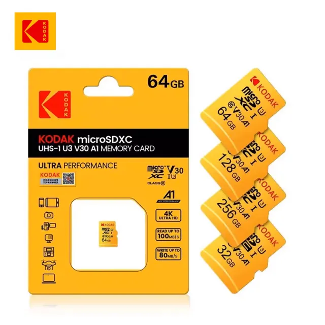 【Kodak 柯達】UHS-I U3 V30 A1 MicroSD 128GB 高速記憶卡-黃色(優質晶圓/防水/耐溫/抗衝擊)