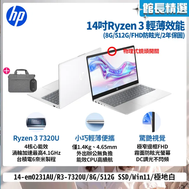 【HP 惠普】筆電包/滑鼠★14吋Ryzen 3 7320U輕薄效能筆電(14-em0231AU/R3-7320U/8G/512G/W11/極地白)