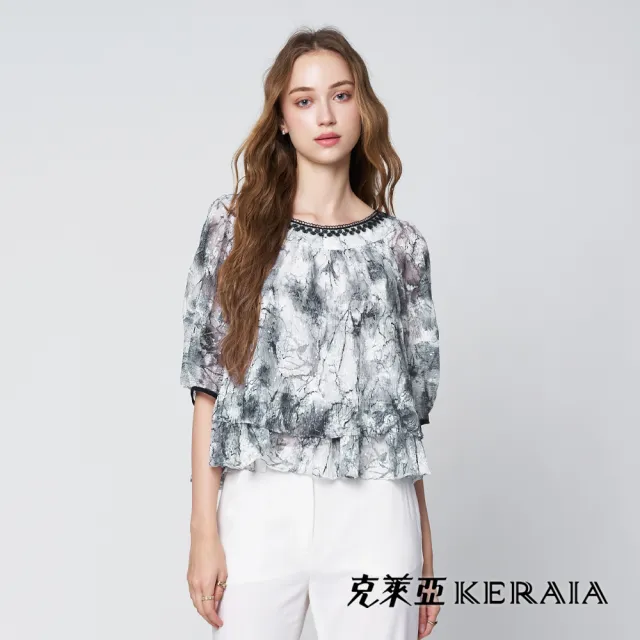【KERAIA 克萊亞】魅力價-墨染雲霧蕾絲壓皺亮片層次上衣