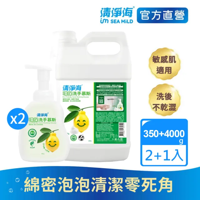 【清淨海 官方直營】環保洗手慕斯2+1入組(洗手慕斯480X2g+桶裝4000g)