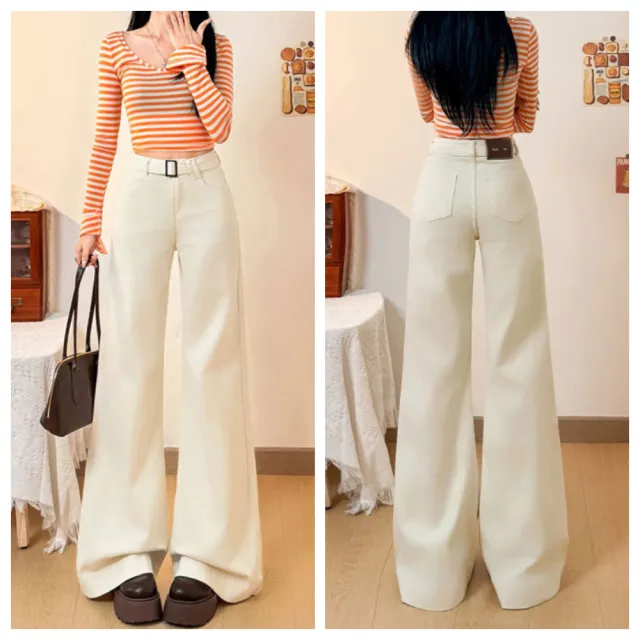 【ASister 小姊姊】AS2388#女裝｜休閒褲☆中大尺碼方釦梨身顯瘦喇叭褲/寬褲(米白色 XS-4XL)
