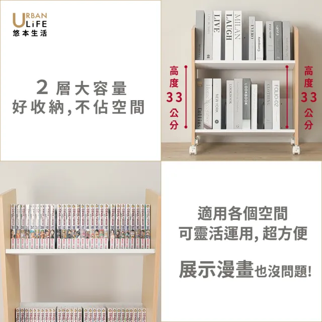【URBAN LiFE 悠本生活】書の收納架附書檔(兩層大容量移動書架/附煞車輪/書櫃/層架/置物架/台灣製MIT)