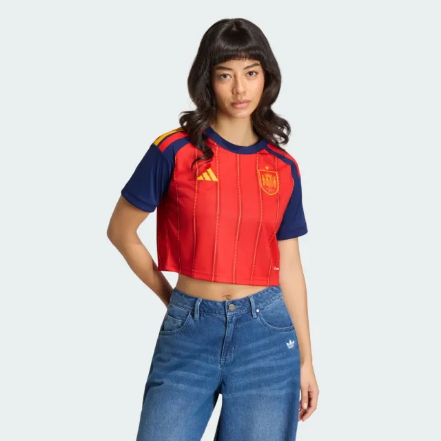 【adidas 愛迪達】世界盃 西班牙 主場復刻版短版球衣(KE8079 女款短版運動上衣 CLIMACOOL科技)