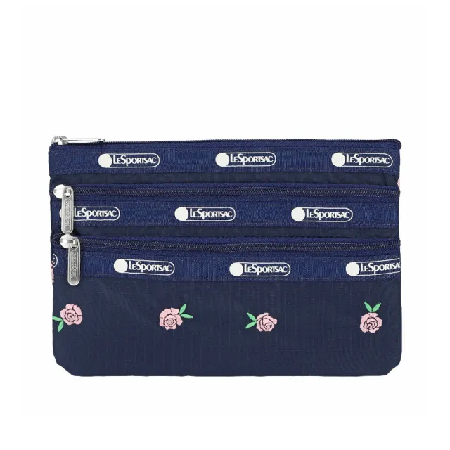【Lesportsac】3-Zip Cosmetic 三層拉鍊化妝包 收納包 盥洗包 女包(薔薇刺繡)
