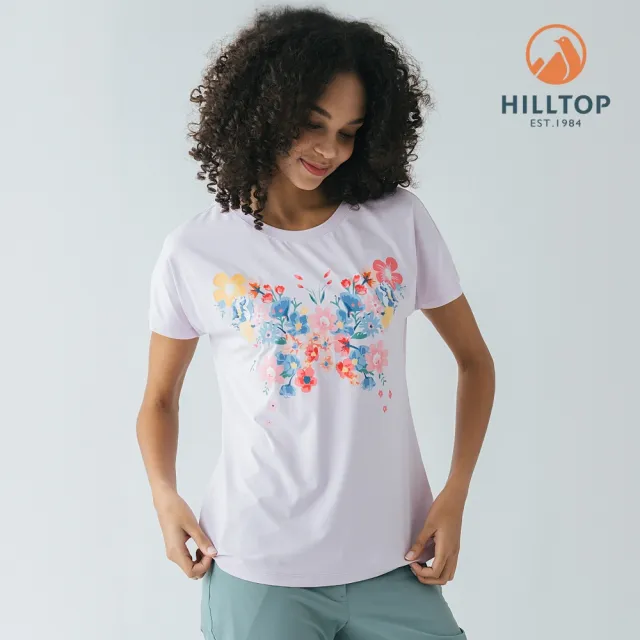 【Hilltop 山頂鳥】Polygiene抗菌吸濕快乾抗UV彈性印花T恤 女款 淺粉花蝴蝶｜PS04XFQ1ECF0