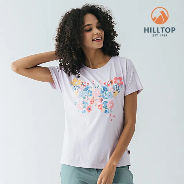 【Hilltop 山頂鳥】Polygiene抗菌吸濕快乾抗UV彈性印花T恤 女款 淺粉花蝴蝶｜PS04XFQ1ECF0