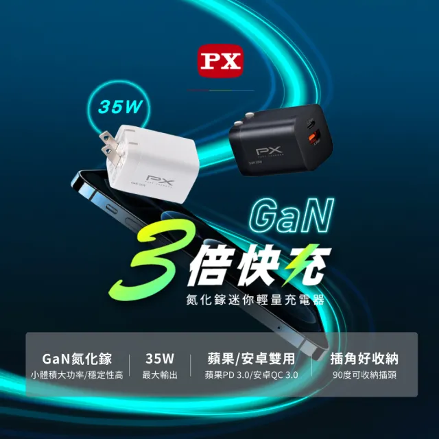 【PX 大通】送C線iphone17/16/15三星35w瓦氮化鎵充電器筆電快充頭Type C充電頭手機usb(PWC-3511WB/UCC2-2B)