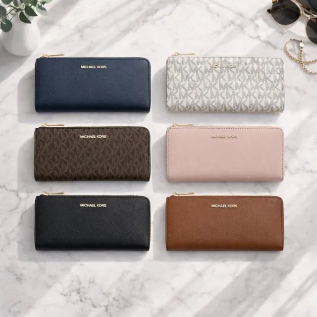 【Michael Kors】MK Jet Set Travel 老花滿版 素面 L型拉鍊 長夾 皮夾(35F8GTVZ3B)