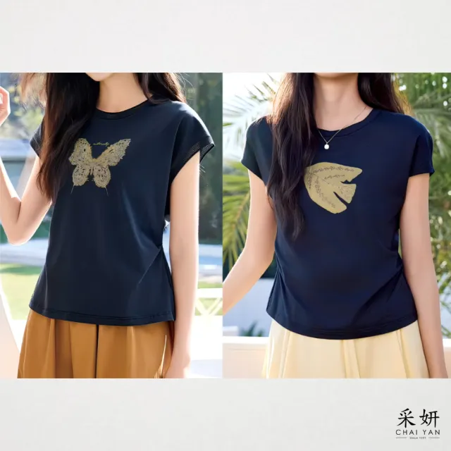 【CHAI YAN 采妍】水鑽印花連肩滑棉短袖上衣(春夏新款上衣-65-78公斤可穿)