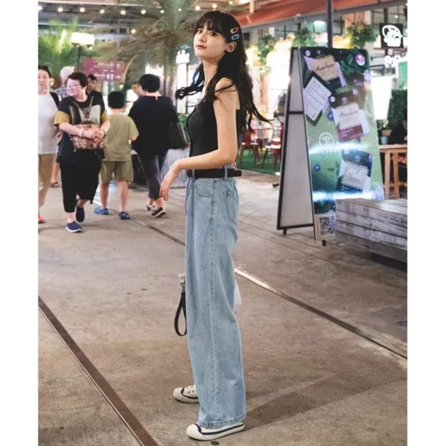 【Uicy】韓版復古淺藍高腰直筒牛仔寬褲 寬褲 褲子 女裝 P97