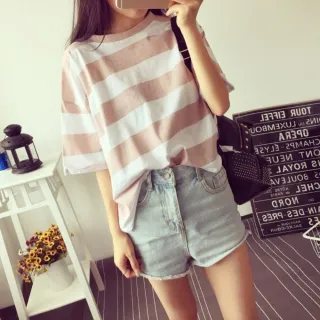 【Uicy】韓版新款夏季糖果色條紋短袖T恤 衣服 女裝 t恤 短袖t T102