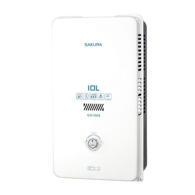  SAKURA 櫻花牌 GH-1005 瓦斯熱水器，臺灣原裝生產，適合液化瓦斯使用。採用 RF 自然排氣設計，電子式自動點火，機械控溫功能精準控制水溫。熱水放出量達 10L，熱效率高達 83.2%，能源效率第二級，尺寸 390 x 210 x 725 mm，重量僅 14kg。使用 DC1.5V 電池供電，BSMI 許可字號 R51085，一年保固。理想的家用瓦斯熱水器選擇，提供穩定熱水供應，節省能源。 