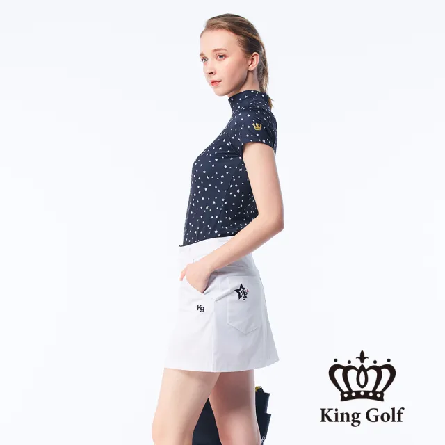 【KING GOLF】速達-網路限定款-女款滿版星星印花線條撞色印圖涼感小立領上衣/高爾夫球衫-丈青