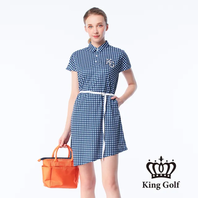 【KING GOLF】速達-網路限定款-女款經典格紋印花刺繡涼感收腰短袖連身裙/高爾夫洋裝-藍色