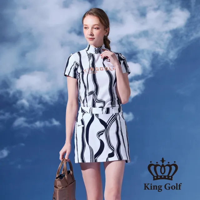 【KING GOLF】速達-網路限定款-女款緞帶剪影印花涼感短袖拉鍊POLO衫/高爾夫球衫-深藍