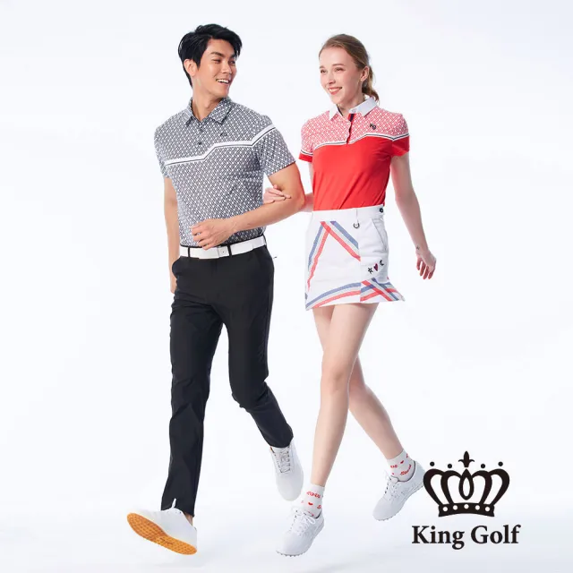 【KING GOLF】速達-網路限定款-女款幾何印花線條撞色涼感短袖POLO衫/高爾夫球衫-紅色