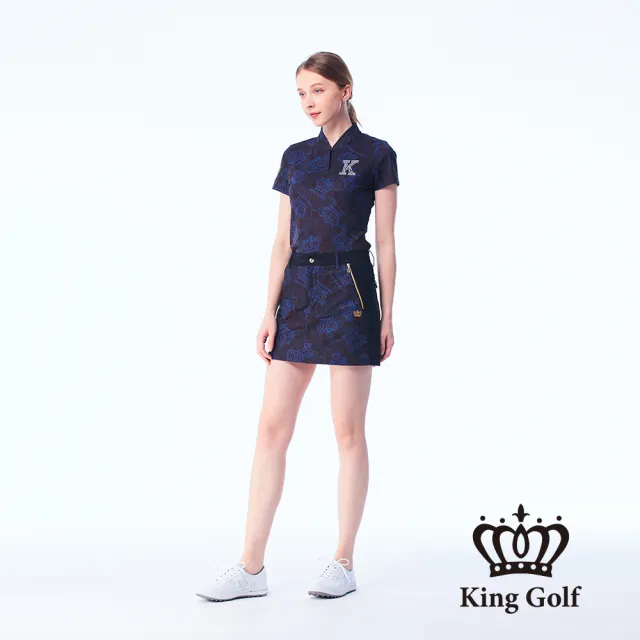 【KING GOLF】速達-網路限定款-女款立體刺繡滿版皇冠印花修身A LINE短裙/高爾夫球裙-黑色