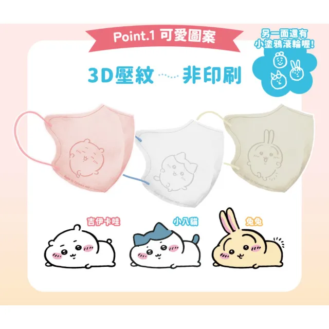【Injoyyi 幸福物語】吉伊卡哇 成人3D立體醫用口罩 20入/盒（一盒兩色 Q萌壓紋）