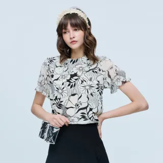 【ILEY 伊蕾】造型質感領片拼接印花上衣(黑；L-3L；1262011114)