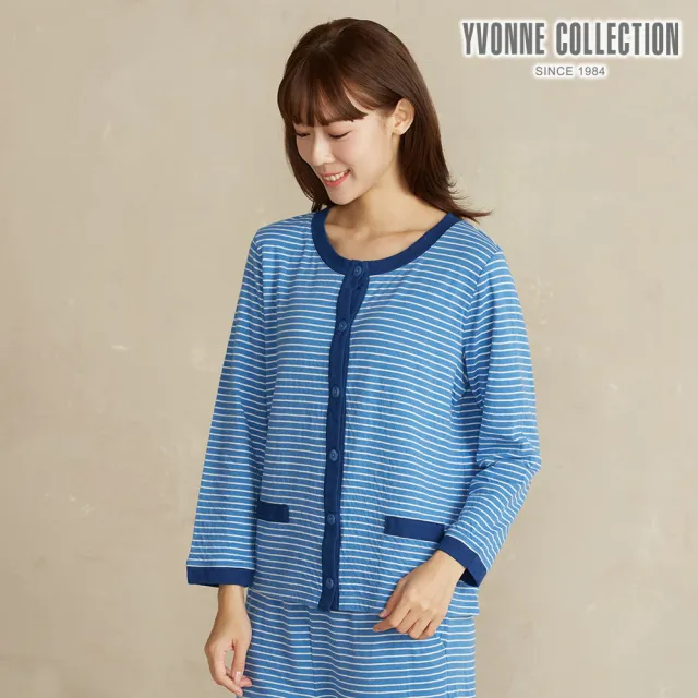 【YVONNE 以旺傢飾】條紋提花長袖開襟衫-寧靜藍