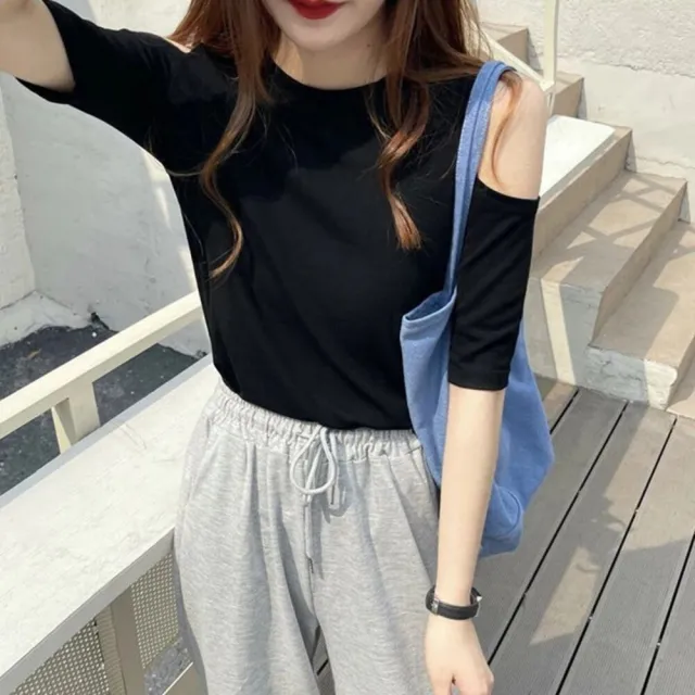 【Uicy】韓版露肩顯瘦短袖上衣 衣服女裝t恤短袖t恤上衣 T580