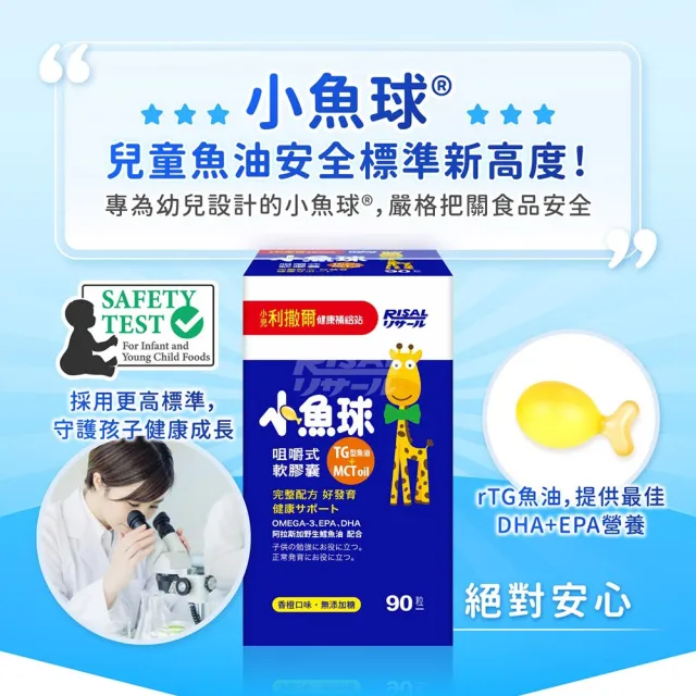 【小兒利撒爾】小魚球 咀嚼式軟膠囊 90粒2瓶組 共180粒(TG型魚油、Omega3、DHA、EPA、無魚腥味)