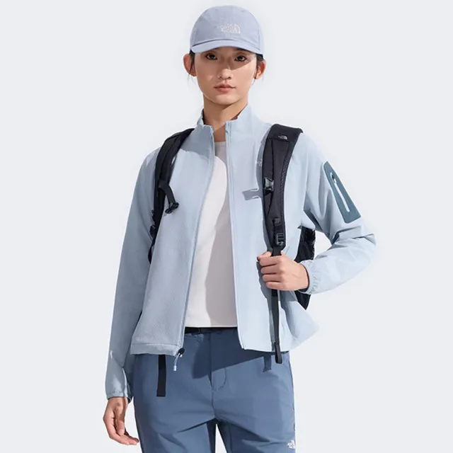 【The North Face】北面女款灰色DWR防潑水立領棋盤格外套｜8DFDFM2