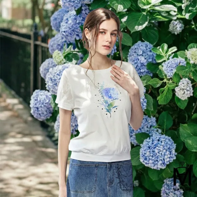 【MYVEGA 麥雪爾】MA絲光棉蕾絲上衣/繡球花印花上衣-二款任選(女上衣/短袖上衣/蕾絲衣)