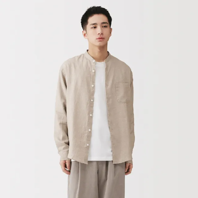 【MUJI 無印良品】男亞麻水洗立領長袖襯衫(白色/原色/淺藍/深藍/墨灰格紋/深棕格紋)