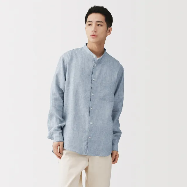 【MUJI 無印良品】男亞麻水洗立領長袖襯衫(白色/原色/淺藍/深藍/墨灰格紋/深棕格紋)