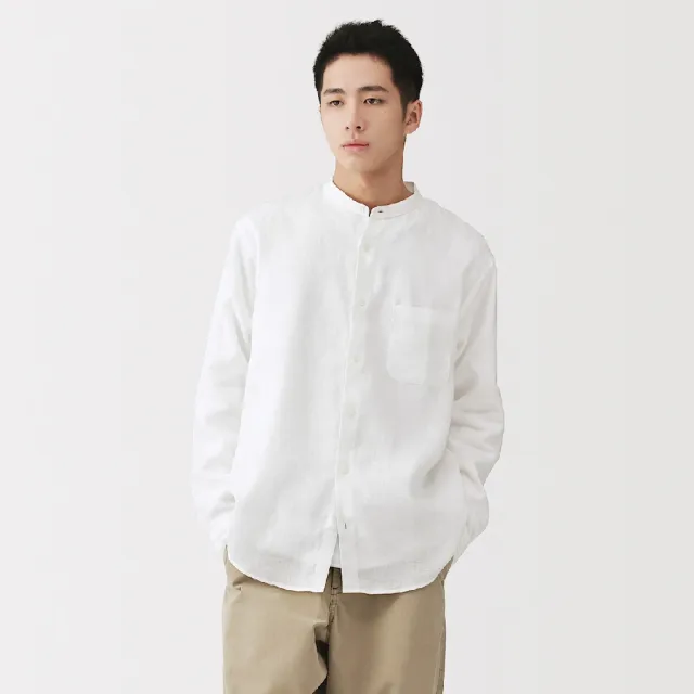 【MUJI 無印良品】男亞麻水洗立領長袖襯衫(白色/原色/淺藍/深藍/墨灰格紋/深棕格紋)