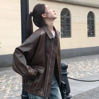 【Uicy】韓版寬鬆復古咖啡色皮衣 外套防曬外套女裝上衣衣 J382