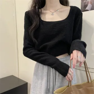 【Uicy】韓版氣質顯瘦方領針織上衣 長袖上衣長袖t恤衣服女 W394