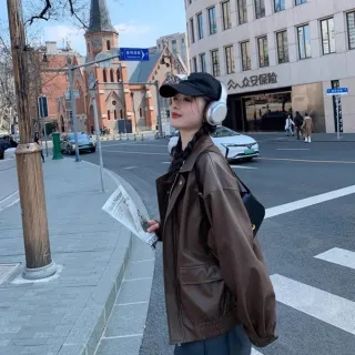【Uicy】韓版美式寬鬆復古咖色皮衣外套 外套防曬外套女裝 J382