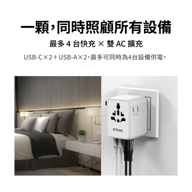 【PX 大通】-70W瓦 氮化鎵 萬國充 萬國充電頭 萬國轉接頭 Type C USB 旅行插座 韓國歐洲澳洲 (WTA-7022W/B)