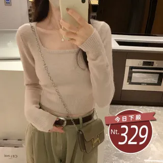【Uicy】韓版方領短版針織上衣 長袖上衣長袖t恤衣服女裝上 W394