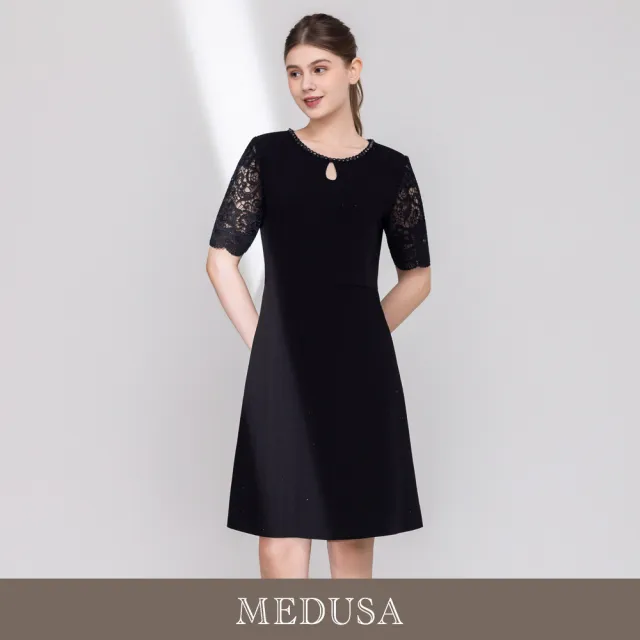 【MEDUSA 曼度莎】現貨-珠飾水鑽點點蕾絲袖法式小洋裝（M-XL）｜小禮服 婚宴洋裝 媽媽禮服