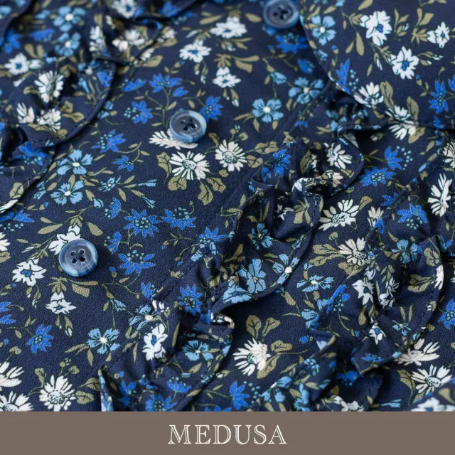 【MEDUSA 曼度莎】現貨-小圓領氣質深藍碎花洋裝（M-XL）｜碎花洋裝 女休閒洋裝 雪紡洋裝